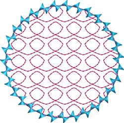 Circular quilting design with geometric red diamonds and blue zigzag outlines on a white background.