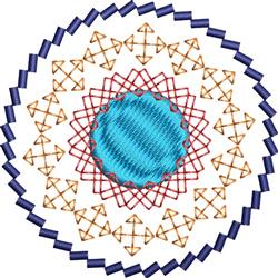 Geometric circular pattern with vibrant blue center, red crisscross, and gold arrows, featuring a dark blue border.