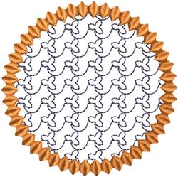 Geometric circular pattern with intricate loops and a vibrant orange border on a white background.