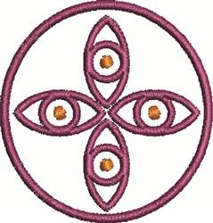 Geometric design featuring a modern circular motif with a cross shape and eye-like accents in rich purple and orange.