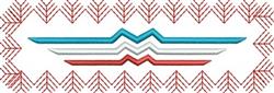 Geometric design with sharp, wavy blue and red lines accented in white, featuring a modern motif and arrow border.