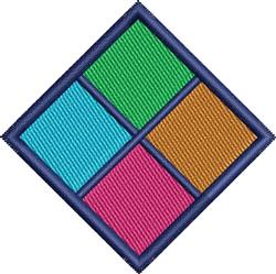 Quilting geometric patch design with a blue border, featuring vibrant textured squares in green, cyan, orange, and pink.