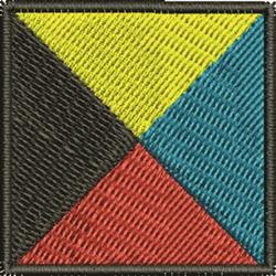 Geometric square pattern in vibrant colors of yellow, teal, red, and black with sharp contrasts.