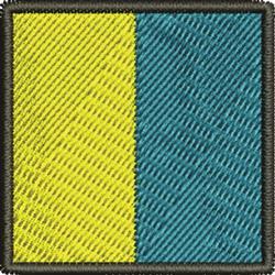Embroidered square patch featuring geometric design in bright yellow and teal with a black border.