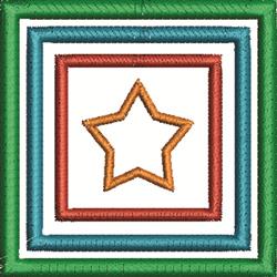 Vibrant geometric star outlined in orange, set within colorful frames of green, red, and blue.
