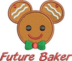 Applique gingerbread cookie character with mouse ears, green bow tie, and cheerful smile. Playful design for Christmas.