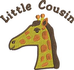 Playful giraffe head in vibrant greens and yellows with brown spots, featuring 'Little Cousin' text.