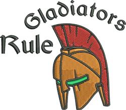 Bold gladiator helmet featuring a striking red plume and ornate gold and green details. 'Gladiators Rule' text arches above.