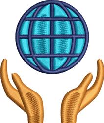 Vibrant blue globe with grid pattern, supported by detailed brown hands, symbolizing care and support.