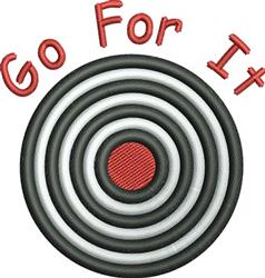 Circular target design with bold black and white concentric rings, a striking red center dot, and vibrant 'Go For It' text.