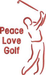 Minimalist golfer silhouette in swing pose outlined in red with 'Peace Love Golf' text. Clean design for sports themes.