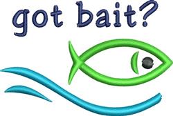 Colorful fish design featuring a vibrant green fish with a dark eye swimming above a blue wave. Playful text 'got bait?' adds
