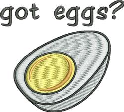 Whimsical egg with bright yellow yolk and white shell, above playful 'got eggs?' text on a kitchen towel.