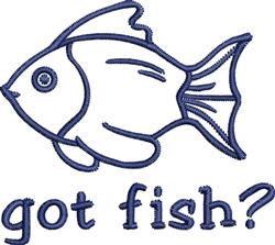 Minimalist line art fish in navy blue outline with playful 'got fish?' text below, perfect for kitchen towels.