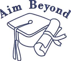 Graduation cap with blue text 'Aim Beyond' above a rolled diploma, showcasing a modern academic theme.