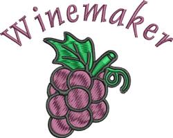 Playful grape cluster with vibrant purple grapes, green leaf, and 'winemaker' text in reddish hue.