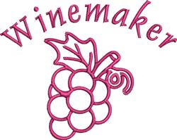 Playful embroidery featuring a vibrant cluster of grapes with a leaf and the word 'winemaker' above.