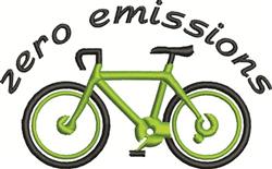 Modern green bicycle with bold outlines and playful 'zero emissions' text above in black.