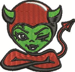 Applique green devil character with red accents, playful winking expression, and devil horns, perfect for Halloween.