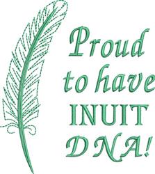 Modern green feather alongside bold text 'Proud to have INUIT DNA!' captures nature's essence.