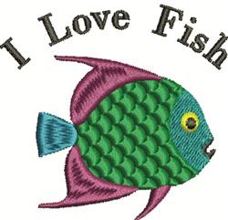 Playful green fish with pink fin and blue details, featuring 'I Love Fish' in bright lettering.