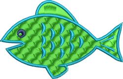 Vibrant applique fish design in bright green with textured scales and playful blue accents.