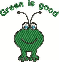 Playful green frog with a friendly smile and blue eyes, featuring 'Green is good' text above. Perfect for kids.
