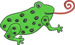 Playful green frog with black spots and a swirling tongue, bright and cartoonish style for vibrant décor.