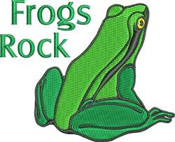 Playful green frog relaxing with prominent eye and smooth texture, featuring 'Frogs Rock' text in embroidery.
