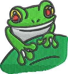 Playful green frog with large red eyes and a wide smile, perched on a bright leaf in vibrant colors.