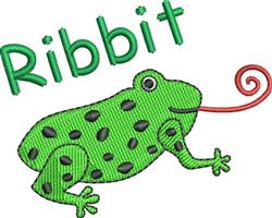 Playful green frog with black spots, extended tongue curling, and 'Ribbit' text above, perfect for whimsical decor.