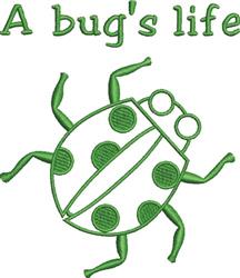 Playful green ladybug with polka dots and big eyes, featuring 'A bug's life' text, perfect for children's items.