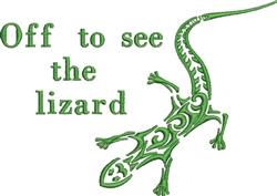 Whimsical green lizard in a playful pose with intricate patterns and vibrant text 'Off to see the lizard'.