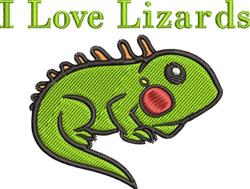 {
  "altText":"Cartoon green lizard with bright red cheeks and cheerful expression, featuring 'I Love Lizards' text."