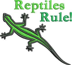 Playful green lizard with darker outlines and bright 'Reptiles Rule!' text, vibrant and energetic style.