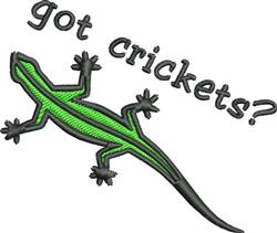 Vibrant lizard applique design featuring a green body, black outline, and playful 'got crickets?' text.