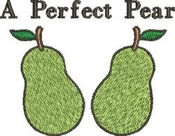 Two green pears with soft texture, brown stems, and green leaves, featuring 'A Perfect Pear' text.