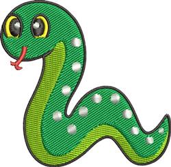 Cartoon green snake with large yellow eyes, playful red tongue, and white spots, perfect for machine embroidery.