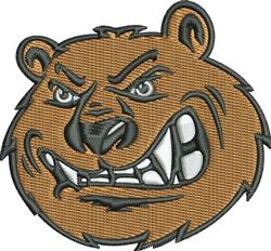 Cartoonish bear face with a fierce grin, thick brown fur, and sharp eyes, perfect for machine embroidery.