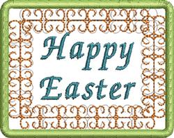 Elegant 'Happy Easter' in teal script with an ornate orange border, framed by a vibrant green edge.