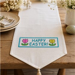 Colorful table runner with 'HAPPY EASTER!' text and lively pink and yellow tulips, perfect for Easter celebrations.