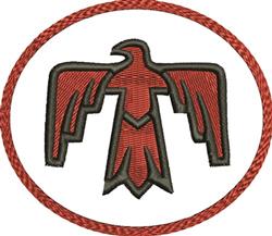 Bold hawk silhouette in red and black, featuring a circular embroidered border with a braided red edge.