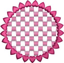 Decorative circular design featuring playful pink hearts and zigzag patterns, perfect for Valentine's Day.