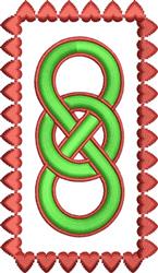 Playful interwoven loop design with vibrant green loops and charming red hearts on a white background for Valentine's Day.
