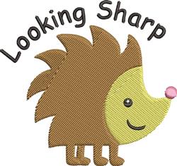 Playful hedgehog with exaggerated brown spikes, yellow face, pink nose, and ‘Looking Sharp’ text.