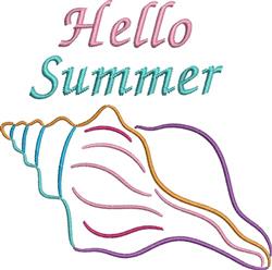 Playful seashell design featuring 'Hello Summer' text, bright colors, and a cheerful summer vibe.
