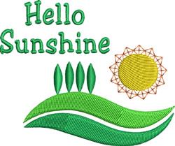 Bold text 'Hello Sunshine' with yellow sun and green leaves, playful spring design on a blue sky backdrop.