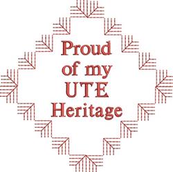 Text design 'Proud of my UTE Heritage' in bold, framed by elegant leaf patterns in a diamond shape.