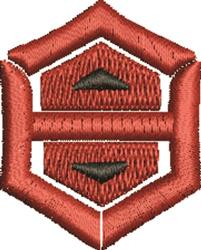 Geometric hexagonal emblem in red and black, featuring structured detailing and a modern, bold design.