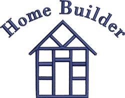 Simple house structure in dark blue with triangular roof and arched 'Home Builder' text, clean modern style.